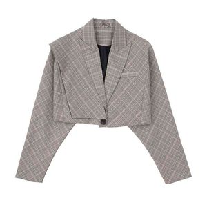 Women Plaid Blazer Asymmetrical Shawl Collar Short Cropped C0284 210514