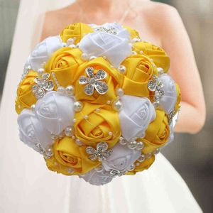 Yellow Royal Blue Wedding With Crystal Bridal Bouquets Bridesmaid Artificial Satin Roses Bride Flowers