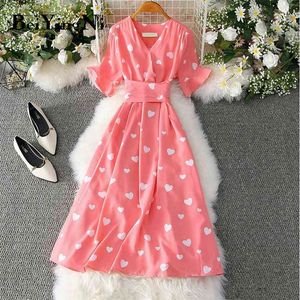 Vestido de verão Imprimir bonito elegante v-pescoço francês luxo casual coreano midi mulheres doce chique retro roupas slim 210506