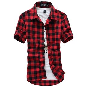 Red and Black Plaid Koszula Mężczyźni Koszule Lato Moda Koszulki Homme Męskie Koszulki Koszulki Krótki Rękaw Koszula Mężczyźni Bluzka 210708