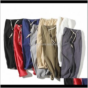 Clothing Apparel Drop Delivery 2021 High Quality Mens Summer Casual Natural Cotton Trousers White Linen Elastic Waist Straight Mans Pants Ipx