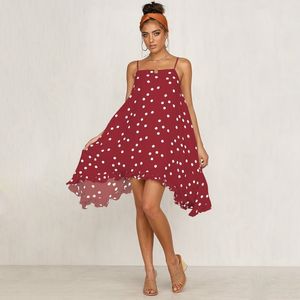 Donne Boho Summer Sundress Loose Dot Spaghetti Strap High Low Dress Sexy senza maniche Backless Mini Beach Abiti Bohemian Vestid 210514