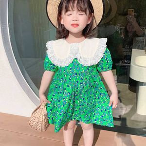 2021 Summer New Girl'S Dress Korean Version Of The Green Flower Bottom Big Lapel Western Style Cute Q0716