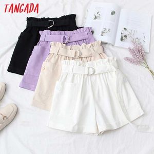 Tangada sommar kvinnor solida shorts med bälte vintage hög elastisk midja kvinnlig grundläggande korta byxor 5n11 210609