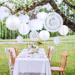 Elegante decoração de casamento branco conjunto 12 pcs fãs de papel lanternas bolas de favo de mel poms flor eventos casamento casamento decoração 210925