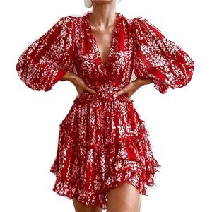 Försäljning Ruffles Red Print Chiffon Mini Holiday Dress Women's Sexy Back Cut Out Beach Party Frill Cople For Lady 210508