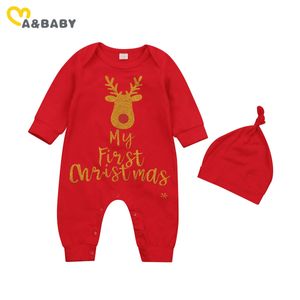 0-18m Min 1: a jul spädbarn född baby pojke tjej jumpsuit långärmad bokstav hjort röd romer xmas outfits 210515