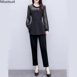 Spring Outfits Women Elegant Plus Size Two Piece Set Suit Long Sleeve Tunic Mesh Patchwork Tops And Pants Sets OL Black 210518