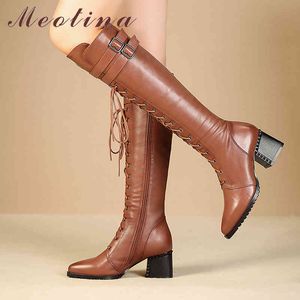 Winter Knee High Boots Women Natural Genuine Leather Zip Thick Heel Long Buckle Pointed Toe Shoes Lady Autumn 210517