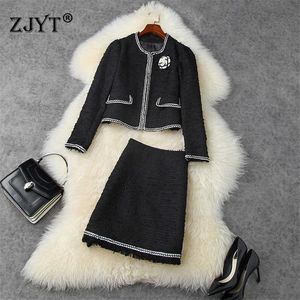 Autumn Winter Runway 2 Piece Set Women Elegant Long Sleeve Woolen Jacket and Skirt Suit Fashion Lady Outfits 210601