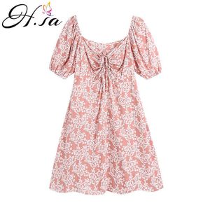 HSA Summer Women's Casual Floral Print Dress Boho Kortärmad Kvinna Mode Kvinna Lösa Ruffles Mini Klänningar Robe Femme 210716