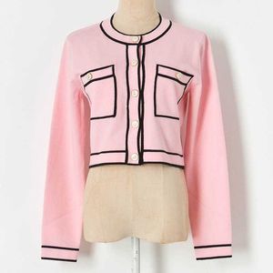 Spring Sweaters Women Double Pocket Round Neck Long Sleeve Pink Crop Cardigan Knitted Coat Fashion Sweet Knitwear Contrast 210610