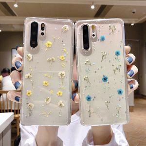 Casos de telefone de flores secos reais para Xiaomi Redmi Nota 10 9s 9 8 Pro 7 6 K30 Pro MI 11T Pro 11 Lite Note 10 9 SE Glitter Cobertura Clear