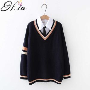 H.SA Korean Japanese Style 2 Pieces Sweater Suit V neck Pull Jumpers With Blouses Tied College Sweater Suit Oversized 210716
