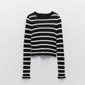 Mode Kvinna Tröjor Striped Långärmad Pointelle Sticka Topd Kvinnor Sweter Winter Jerseys Pullover Round Neck Top 210519