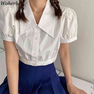 Kobiety Bluzki Koreańska Moda Odwróć Kołnierz Koszulki Rękawem Puff Simple Elegancki Blusas Mujer Lato Chic White Crop Topy 210519