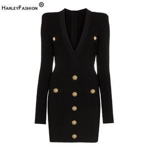 Harleyfashion High Quality Euramerican Spring Fall Fitness Casual Dzianiny Dress V-Neck Guziki w kratę Solid Slim Slim Sukienka X0521