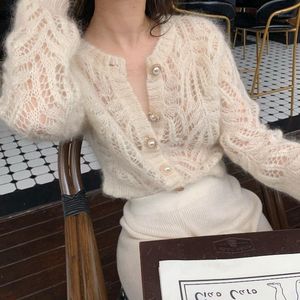 Женские свитеры 2021 свитер осень белый ажурный вязаный кардиган французский мохэр пальто женское кондиционер костюм капля шпиль