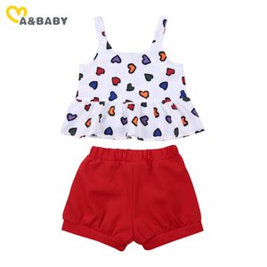 2-7Y Valentines Day Girls Outfits Summer Child Kid Clothes Set Sleeveless Heart Vest Tops Shorts Costumes 210515