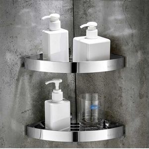 Bathroom Shower Corner Shelf SUS 304 Stainless Steel Caddy Wall Mount Triangular Floating Shelves with Hooks 211112