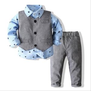 Barnkläder sätter gentleman baby pojke kläder blå skjorta fluga västbyxor 3st nyfödda pojke set spädbarnskläder