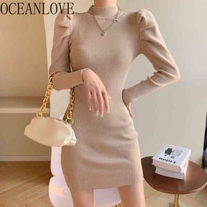 Stretch Bodycon Dress for Women Solid Puff Sleeve Knitting Vintage Vestidos Spring Autumn Mini Dresses 19453 210415