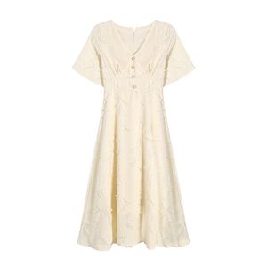 Beige V Neck Short Sleeve Knee Length Solid Korean Dress Vintage Button A Line D1856 210514