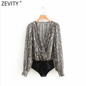 Kvinnor Sexig Cross V Neck Snake Skin Print Patchwork Bodysuits Office Lady Serpentine Slim Siamese Chic Romper P1011 210420