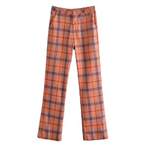Pantaloni da donna Capris JUNWU Primavera e autunno Pantaloni in tessuto elastico stampato scozzese arancione con spacco Design sciolto casual stile britannico