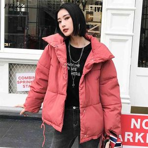 Kış Kadın Standı Yaka Ekmek Pamuk Ceket Rahat Kadın Gevşek Fit Sıcak Kar Kısa Parkas Moda Düz Renk Dış Giyim 210430