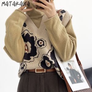 Matakawa Retro V-Neck Flower Waistcoat tredimensionella stickade västkvinnor Vårkort Sweater Vest 210513