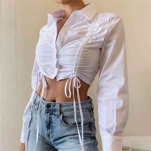 Ladies Sexy Unique Design Shirts Solid Color Crop Top Lapel Long Sleeve Single Breasted Tops Drawstring Street Short T-shirt 210517