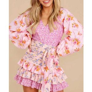 Boho Şık Elbise toptan satış-Günlük Elbiseler BOHO INSPLANT Bayan Karışık Çiçek Baskı Fırfır Mini Elbise Kadınlar Için Uzun Kollu Sevimli Seksi Chic Moda Parti