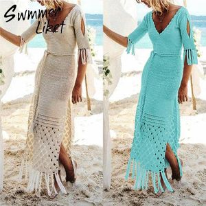 Long Pareos Bikinis Coverp ups Swim Up Robe Plage Swimwear Women 2021 Crochet Tassel Beach Knit