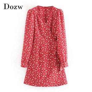 Kvinnor Elegant Långärmad Wrap Klänningar V Neck Blommor Tryckt Chic Mini Ladies En Linje Vintage Casual Robe Femme 210515