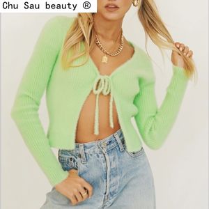 Lace-up Sweater Cardigan Women's Short Cropped Slim Vintage Small Coat Top Solid Color Fashion Female 210514