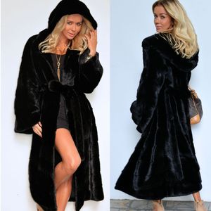 Casacos de pele de vison com capuz longo feminino outono inverno casacos de pele quentes com cinto feminino preto casual solto casaco de pele sintética jaqueta feminina
