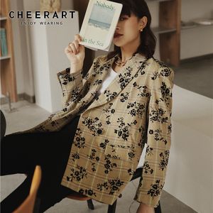 Vintage Womens Plaid Blazer Floral Yellow And Jackets Slim Ladies Coats Fall Jacket Women Clothing 210427