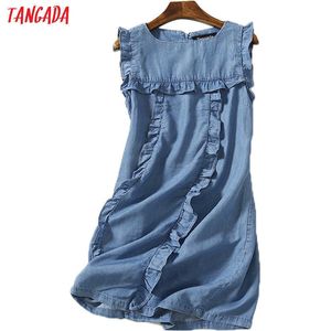 Tangada women ruffles denim dresses sleeveless O-neck vintage fashion casual straight dress vestidos feminina 2P10 210609