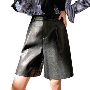 バックボタンS-3XLファッションPUレザーショートパンツ女性の秋冬ルース5点ズボンプラスサイズ210724
