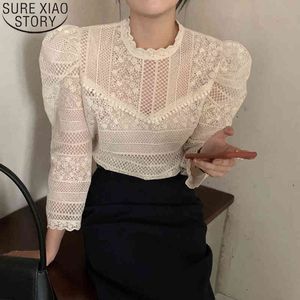 Casual Hook Flower Blouses Korean Chic Vintage Blouse Women Lace Hollow Tops Stand Collar Thin Apricot Puff Sleeve Shirts 12624 210508