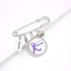 卸売紫色のリボン癌ピンフェイスハメンのためのてんかん認識ブローチセーフティピン男性宝石服のアクセサリー
