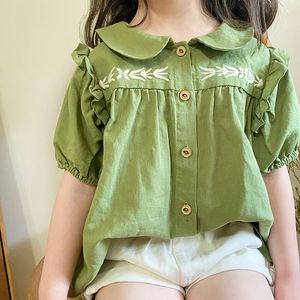 女の子の緩い人形襟の薄い綿のトップ210508のための夏のかわいい刺繍緑の半袖シャツ