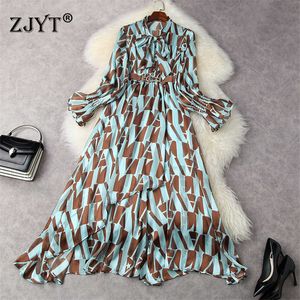 Spring Fashion Runway Designers Flare Sleeve Bow Collar Print Long Aline Chiffon Holiday Dresses Elegant Beach Robe 210601