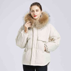 Winter Women 90% White Duck Down Coat Large Real Raccoon Fur Hooded Short Jacket Casual Warm Snow Outwear 210423