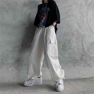 QWEEK HARAJUKU Beyaz Kargo Pantolon Kadınlar Vintage Yüksek Bel Hip Hop Streetwear Cepler Düz Joker Siyah Pantolon Kadın 210915