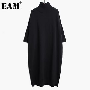 [EAM] Kadınlar Siyah Uzun Büyük Boy Örme Elbise Yeni Yüksek Yaka Uzun Kollu Gevşek Fit Moda Gelgit İlkbahar Sonbahar 1 K122 210401