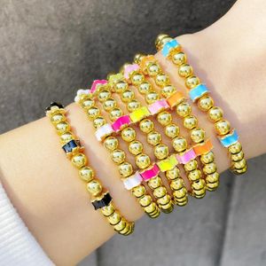 Charm Bracelets EYIKA Trendy Gold Plated Copper Thick Beads Elastic Chain Mix Color Enamel Flower Bracelet For Women Girls Dainty Party Jewe