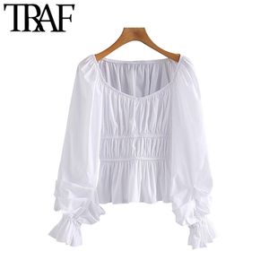 Women Sweet Fashion Ruffled White Blouses Vintage V Neck Long Sleeve Female Shirts Blusas Chic Tops 210507