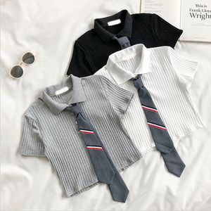 Новый женский дизайн моды Оверните воротниц милый футболка в стиле колледжа, вязаные вершины, вязаные вершины с галстуком